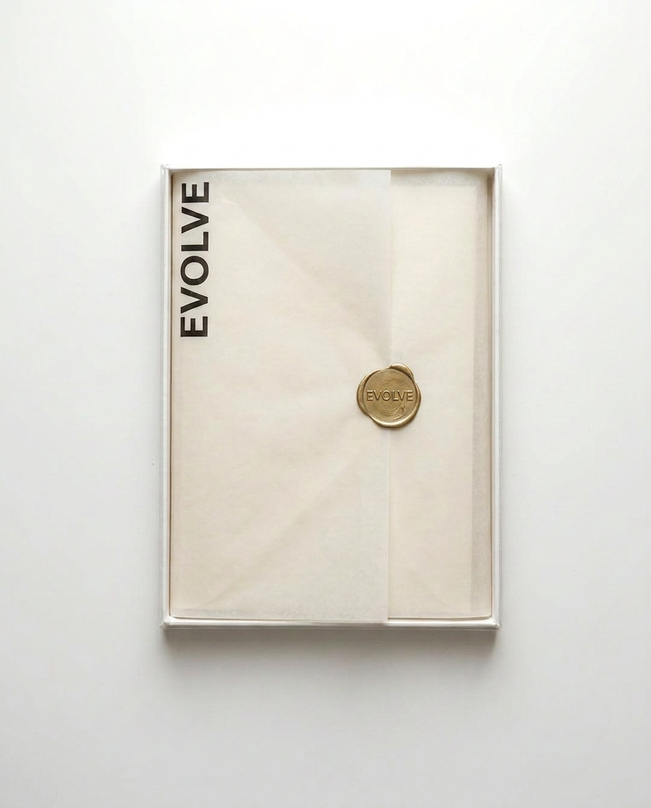 Evolve packaging: ivory box wrapped in parchment tissue, sealed with a brass wax seal