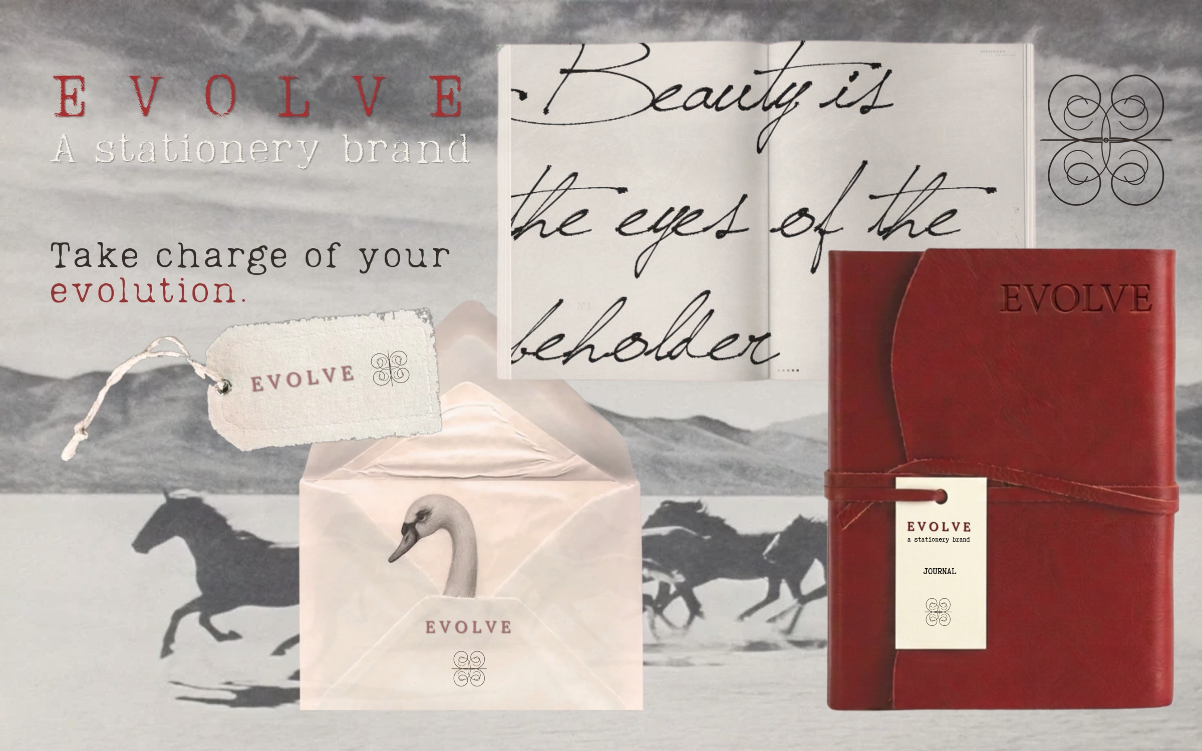 Evolve brand collage — leather journal, swan envelope, tag, and open notebook over wild horses