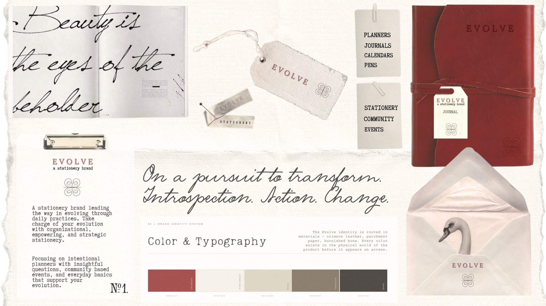 Evolve brand world — journal, envelope, and stationery collateral