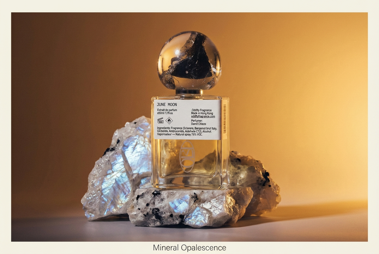 OBI June Moon bottle on labradorite, mineral opalescence