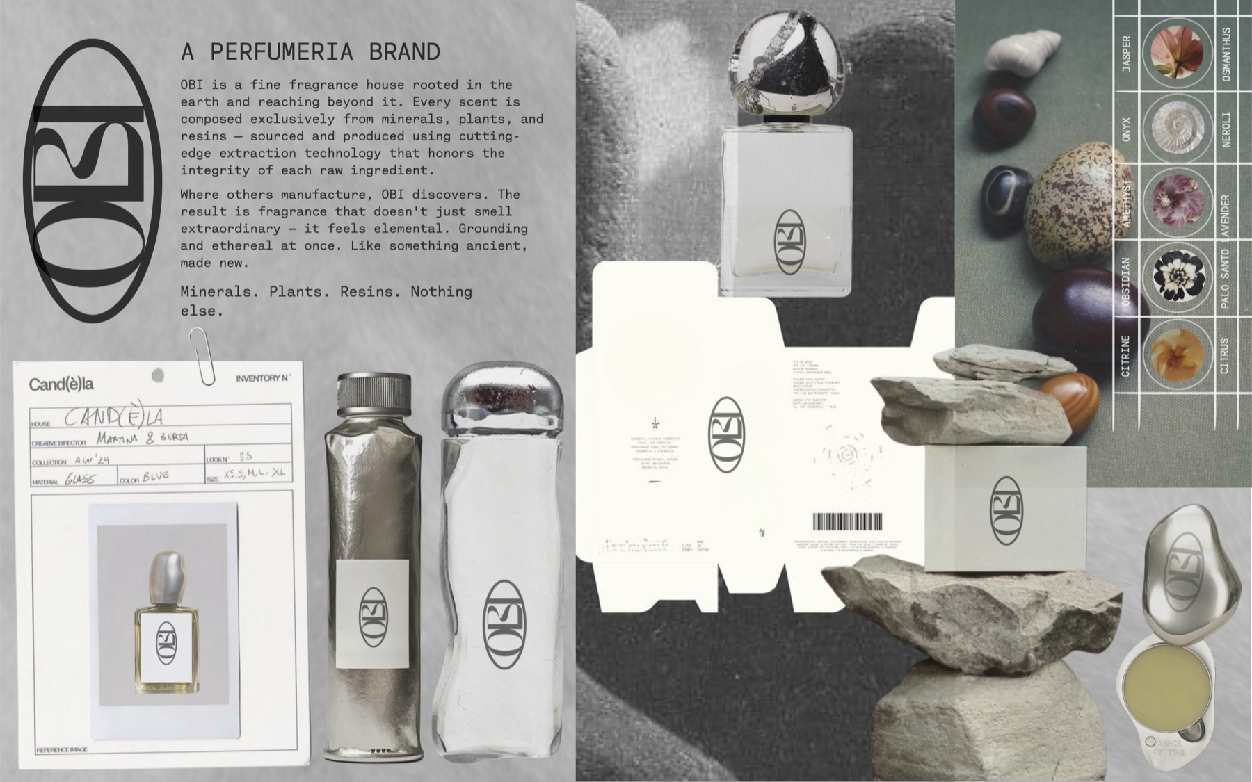 OBI brand world — mark, packaging, bottles, and mineral pairings