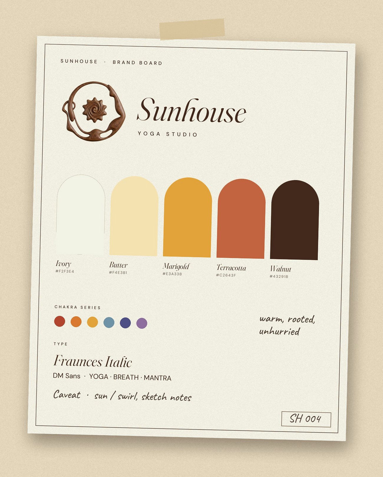 Sunhouse brand board: carved sun mark, wordmark, warm palette, chakra colours and typefaces