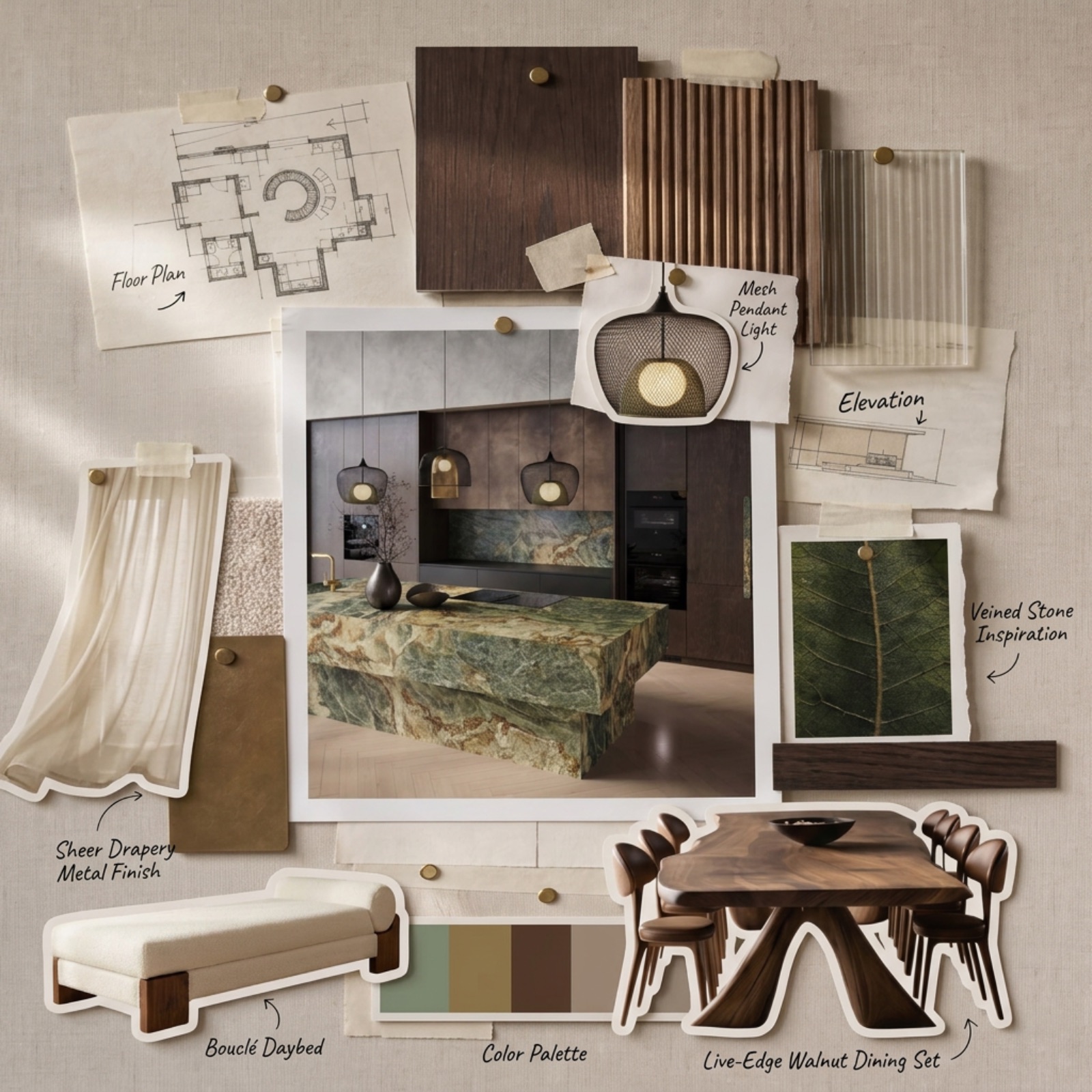Mood board: green quartzite kitchen island, mesh pendant lights, fluted walnut and reeded glass samples, sheer drapery, brass finish, bouclé daybed and live-edge walnut dining set on linen