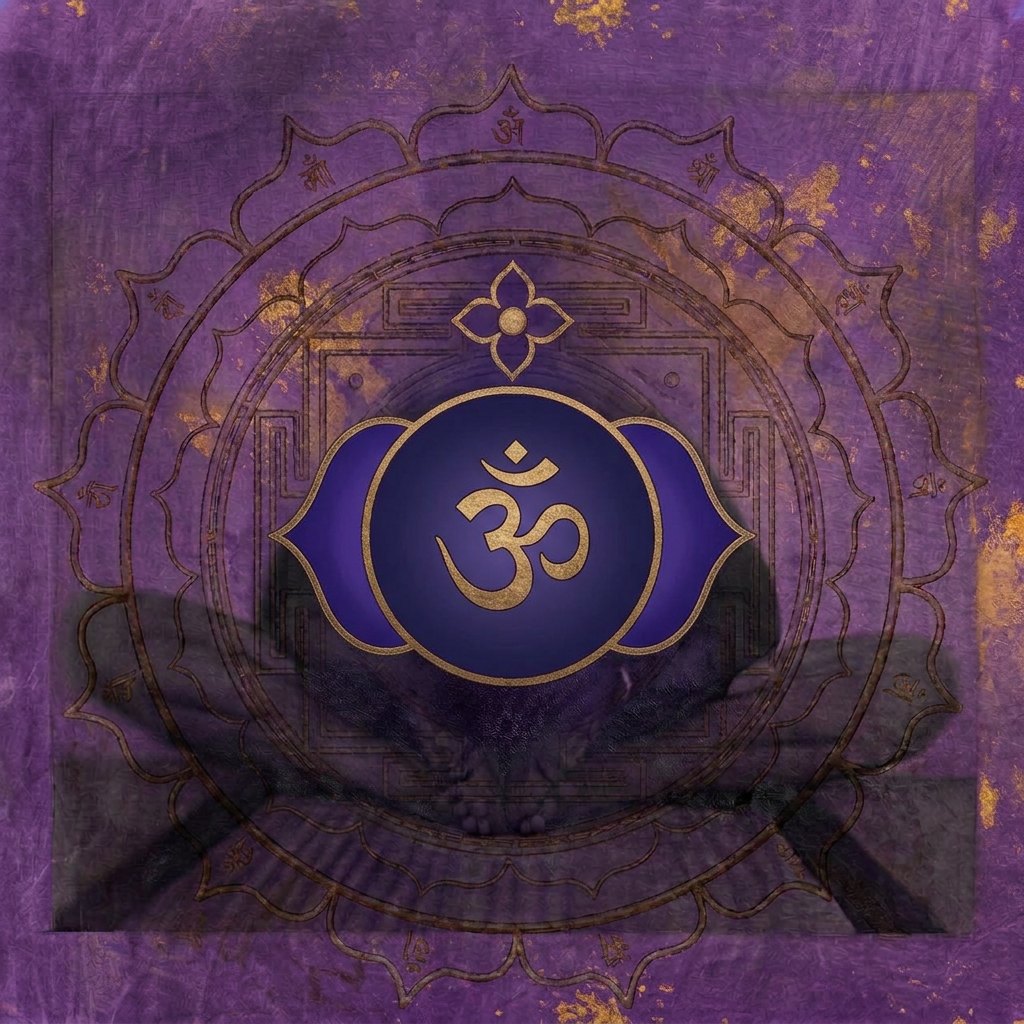 Ajna chakra artwork: the The third eye symbol over a seated figure