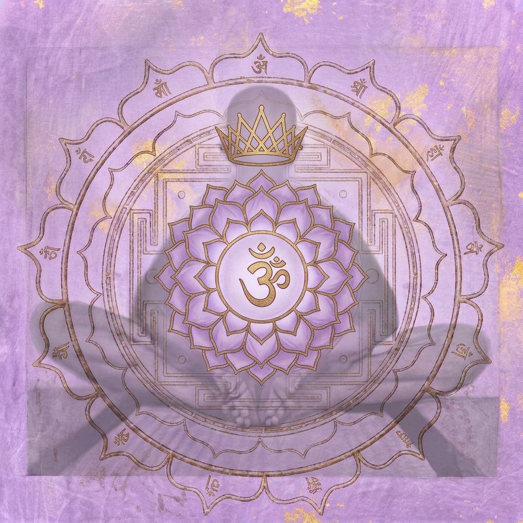 Crown chakra artwork: the Sahasrara symbol over a seated figure