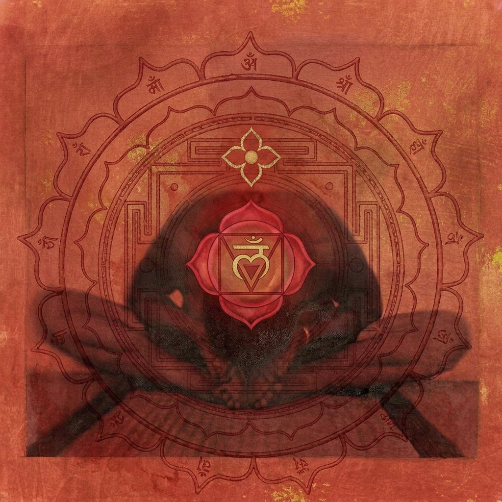 Root chakra artwork: the Muladhara symbol over a seated figure