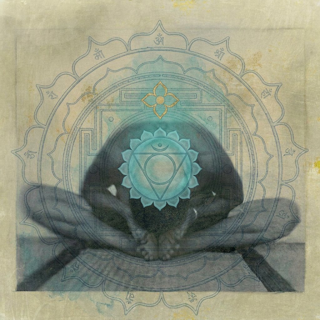 Throat chakra artwork: the Vishuddha symbol over a seated figure