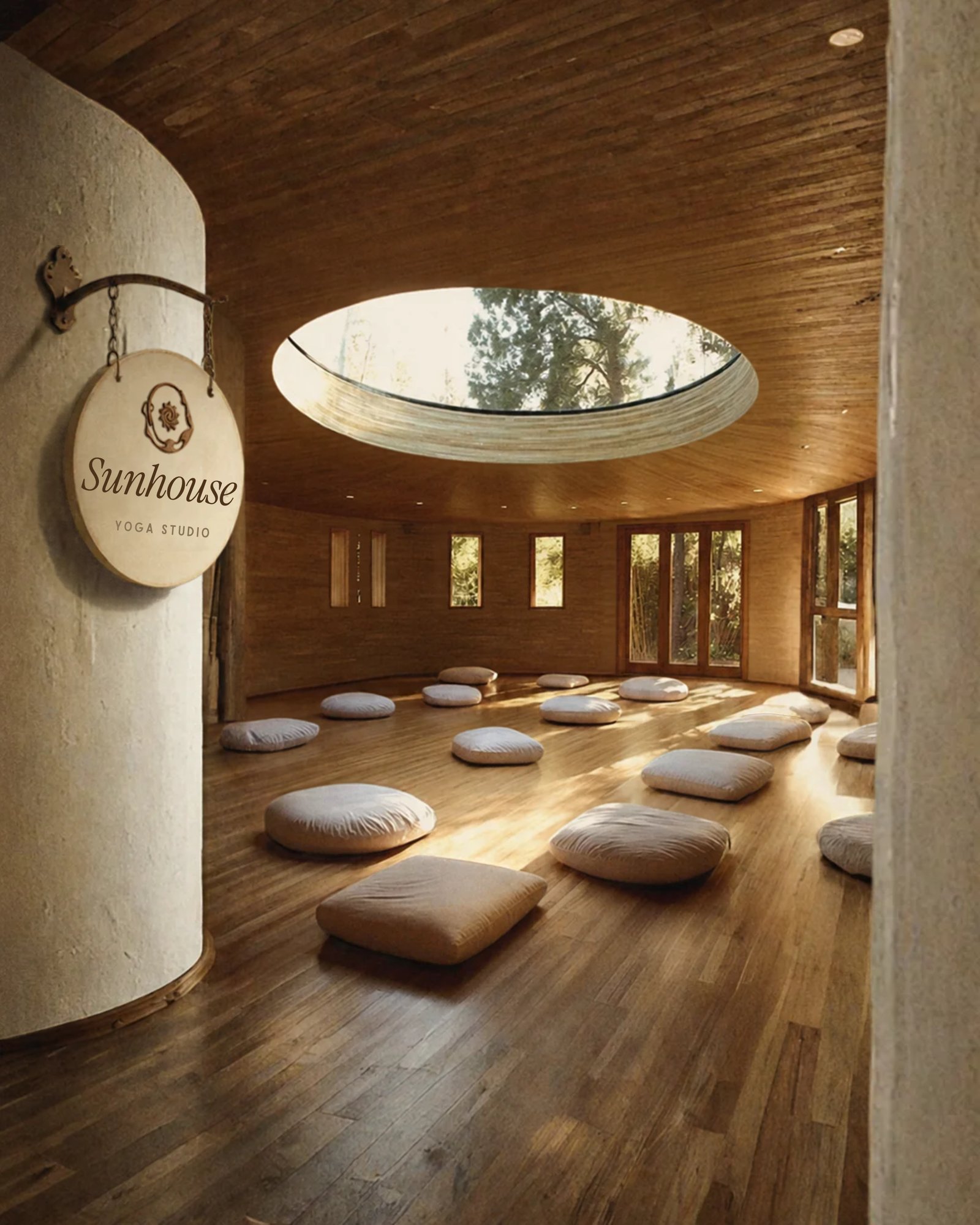 The round Sunhouse practice room: wood-lined walls, a skylight open to the trees and floor cushions in sunlight